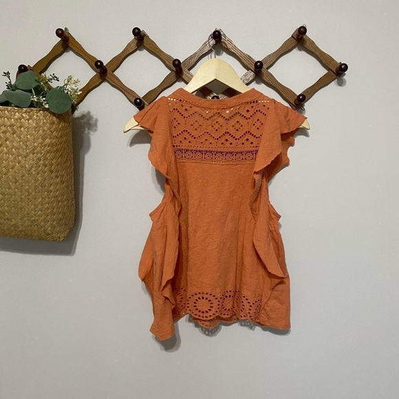 Anthropologie orange lace top with ruffled trim and eyelet detailing - Picture 2 of 6